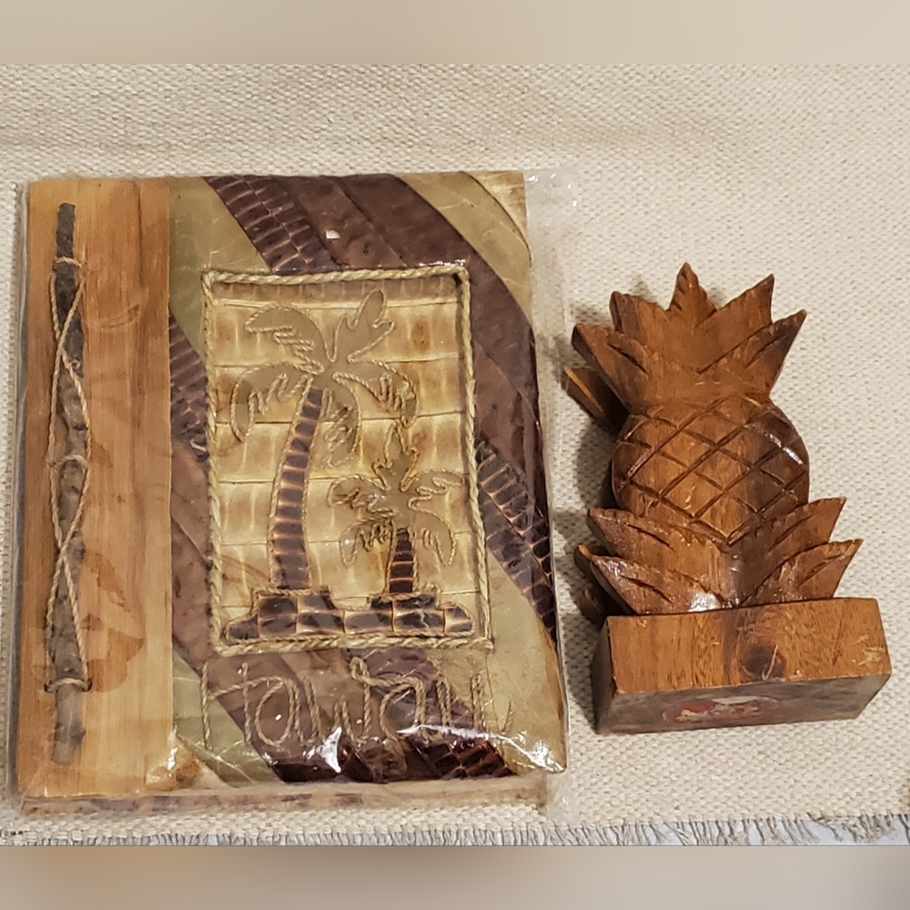 Handcrafted Hawaii Palm Tree Journal/Album & Wood Pineapple Napkin/Letter Holder